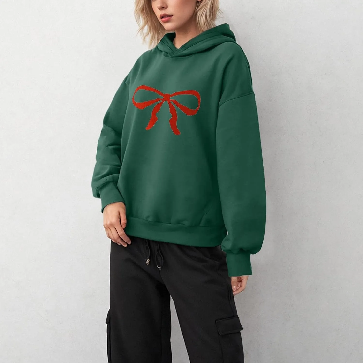 Women Oversized Hoodies Red Bow Printed Hooded Sweatshirt Loose Fit Casual Fashion Outfits Workout Pullover with