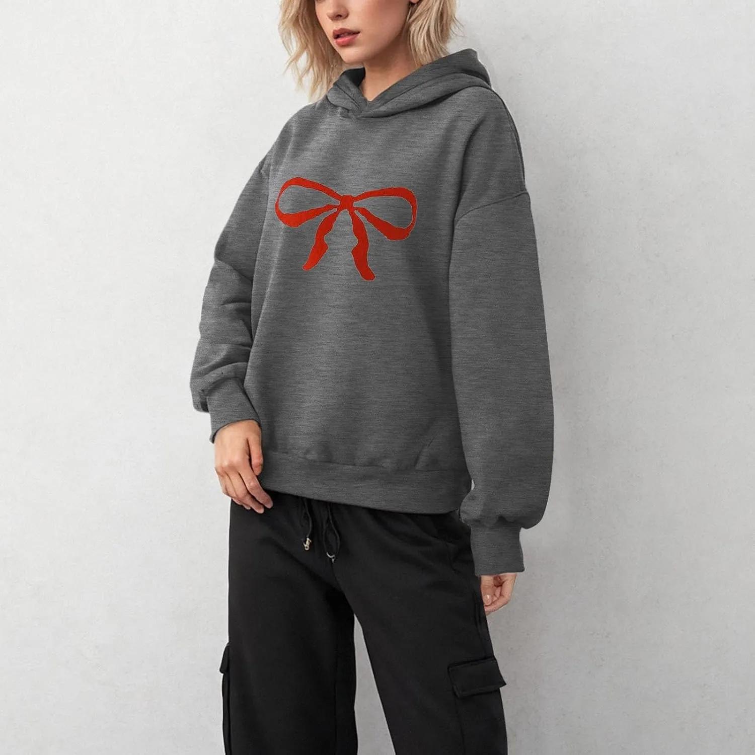 Women Oversized Hoodies Red Bow Printed Hooded Sweatshirt Loose Fit Casual Fashion Outfits Workout Pullover with