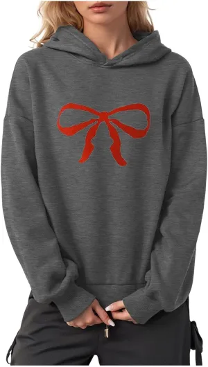Women Oversized Hoodies Red Bow Printed Hooded Sweatshirt Loose Fit Casual Fashion Outfits Workout Pullover with