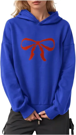 Women Oversized Hoodies Red Bow Printed Hooded Sweatshirt Loose Fit Casual Fashion Outfits Workout Pullover with