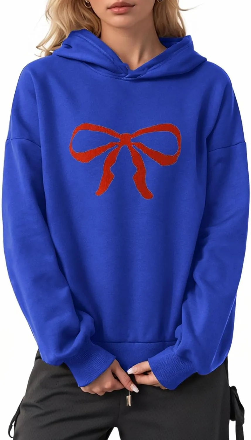 Women Oversized Hoodies Red Bow Printed Hooded Sweatshirt Loose Fit Casual Fashion Outfits Workout Pullover with