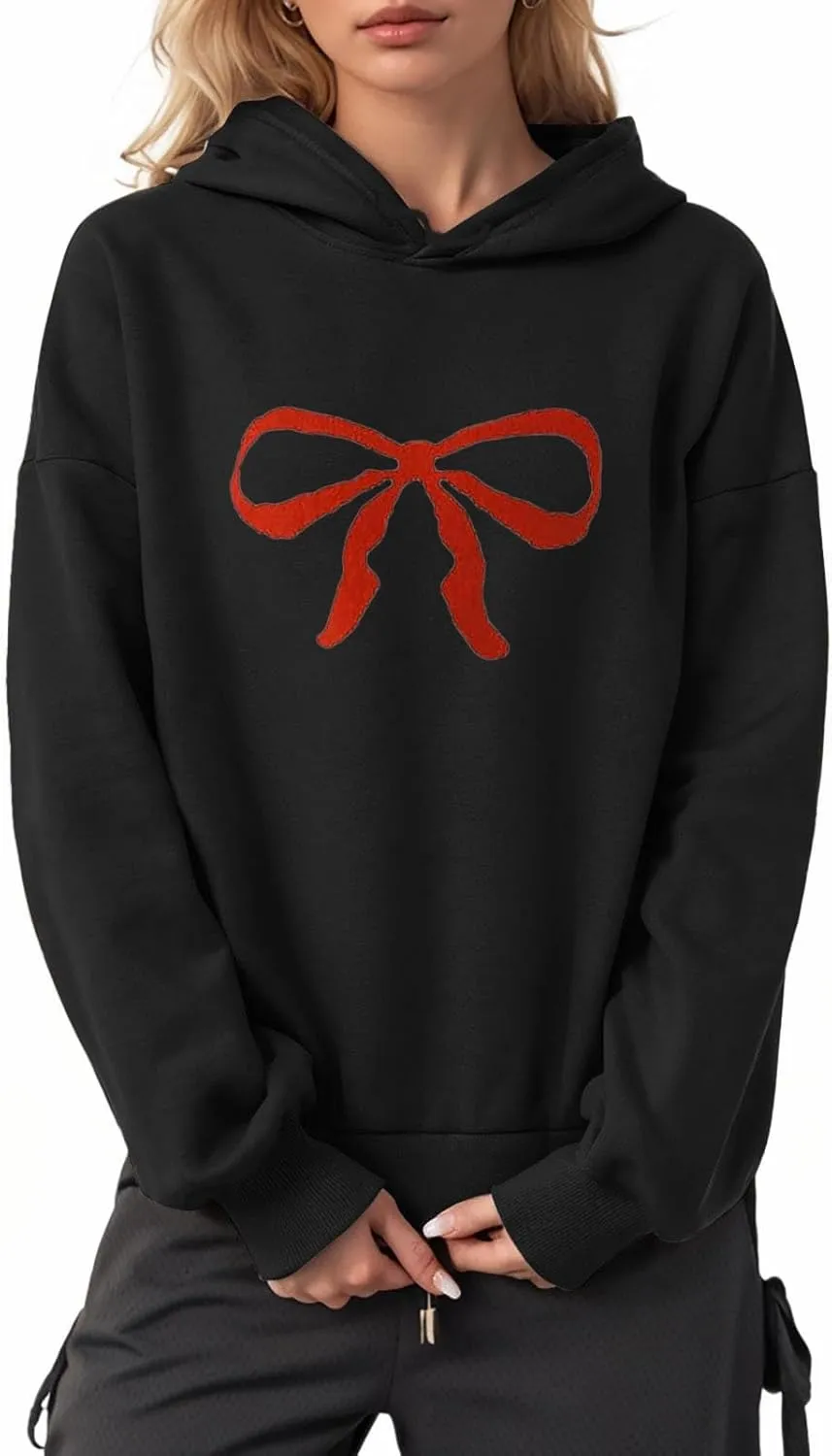 Women Oversized Hoodies Red Bow Printed Hooded Sweatshirt Loose Fit Casual Fashion Outfits Workout Pullover with