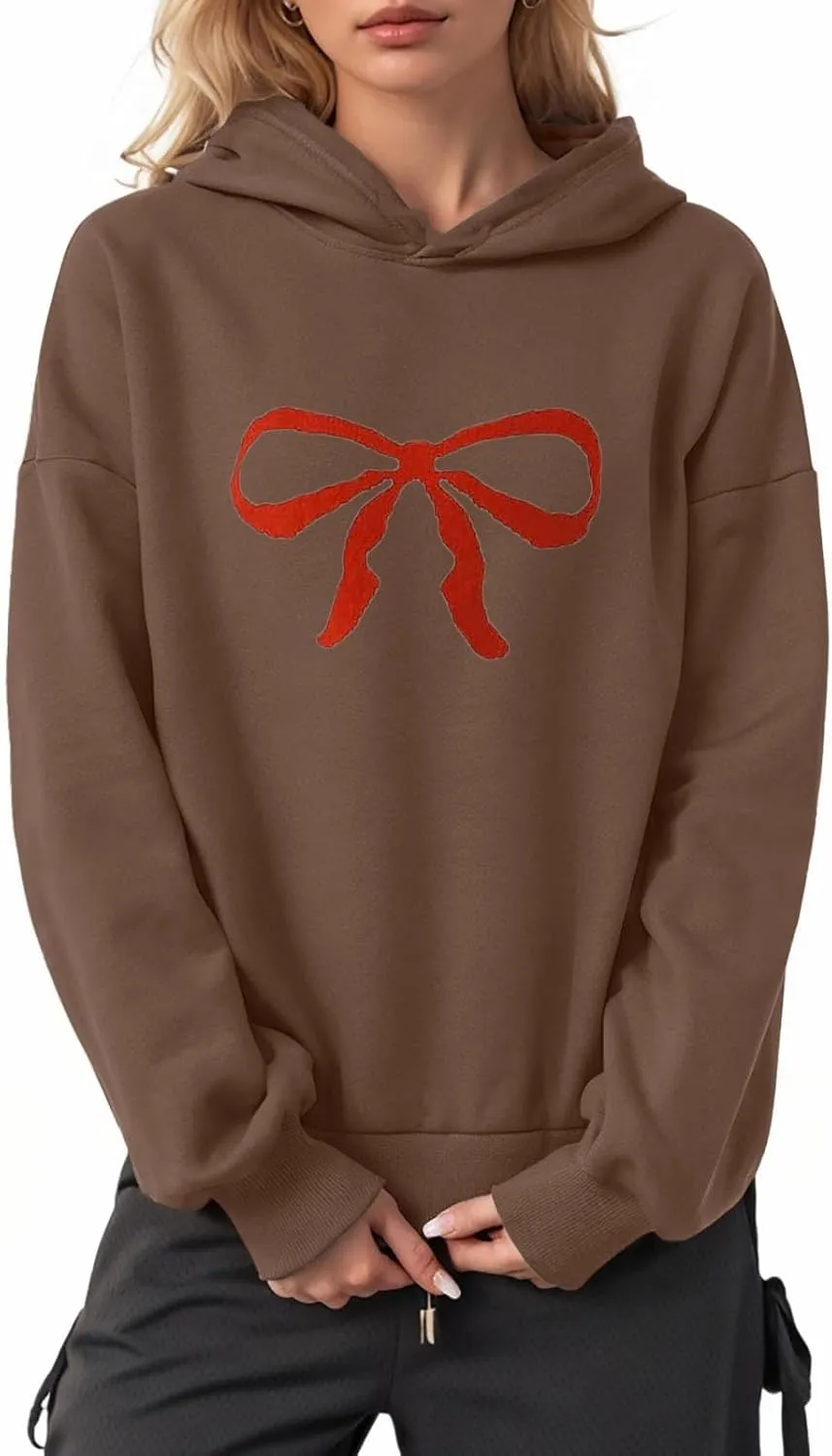 Women Oversized Hoodies Red Bow Printed Hooded Sweatshirt Loose Fit Casual Fashion Outfits Workout Pullover with