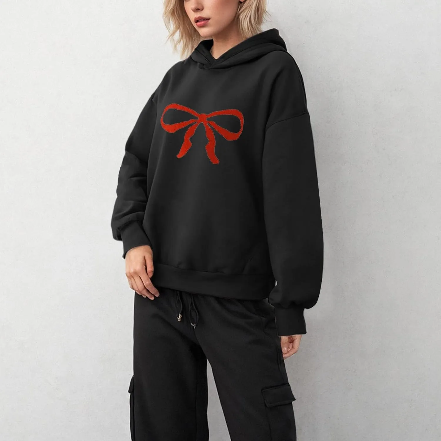 Women Oversized Hoodies Red Bow Printed Hooded Sweatshirt Loose Fit Casual Fashion Outfits Workout Pullover with