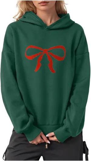 Women Oversized Hoodies Red Bow Printed Hooded Sweatshirt Loose Fit Casual Fashion Outfits Workout Pullover with