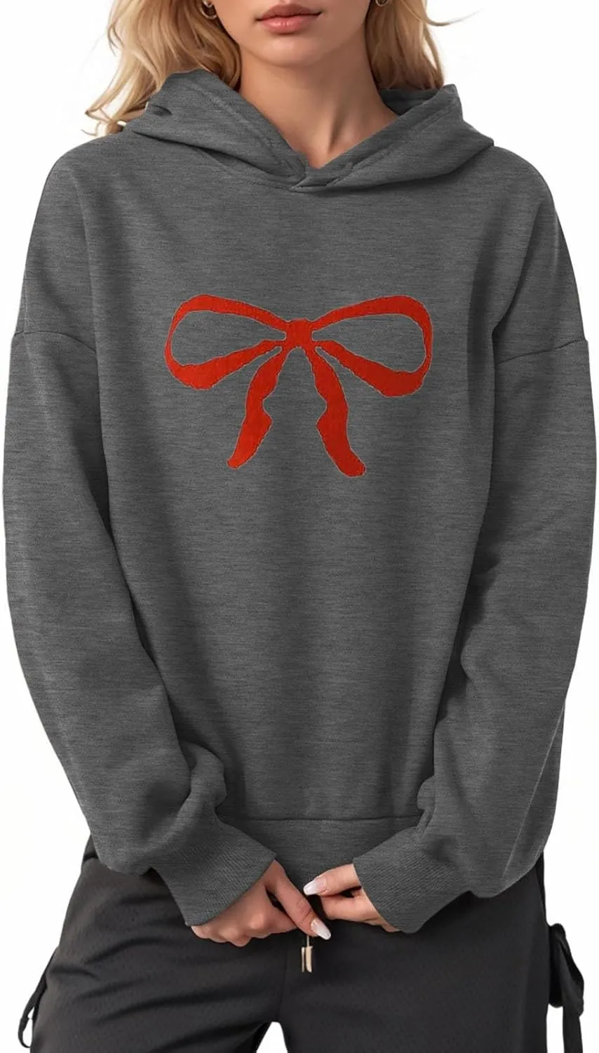 Women Oversized Hoodies Red Bow Printed Hooded Sweatshirt Loose Fit Casual Fashion Outfits Workout Pullover with