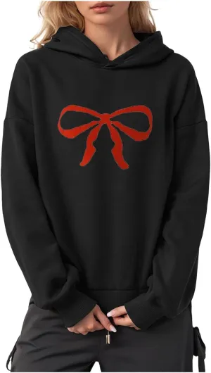 Women Oversized Hoodies Red Bow Printed Hooded Sweatshirt Loose Fit Casual Fashion Outfits Workout Pullover with