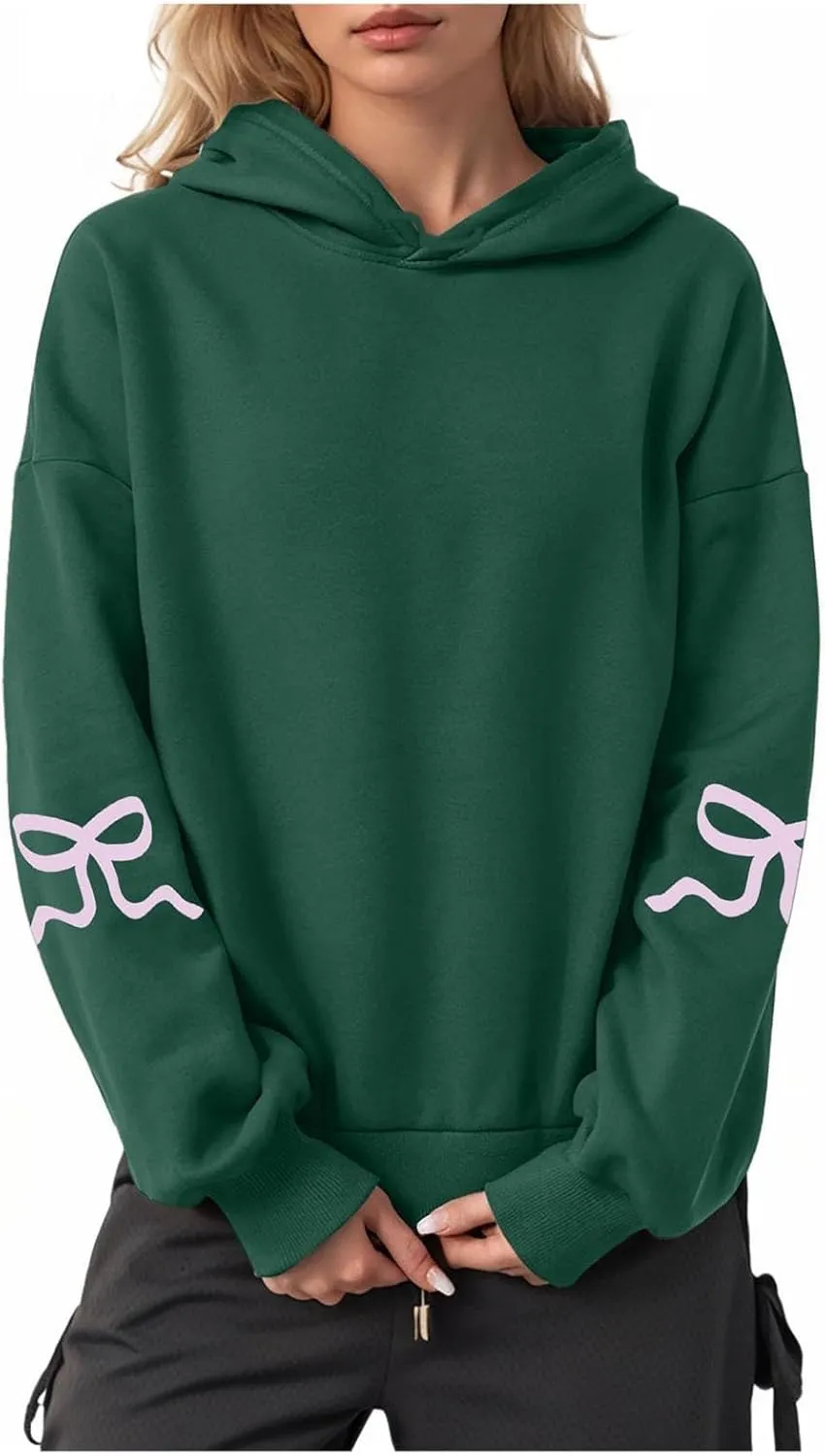 Women Oversized Hoodies Sleeve Edge Bow Printed Sweatshirt Loose Fit Casual Fashion Outfits Workout Pullover with