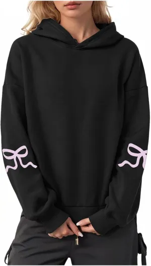 Women Oversized Hoodies Sleeve Edge Bow Printed Sweatshirt Loose Fit Casual Fashion Outfits Workout Pullover with