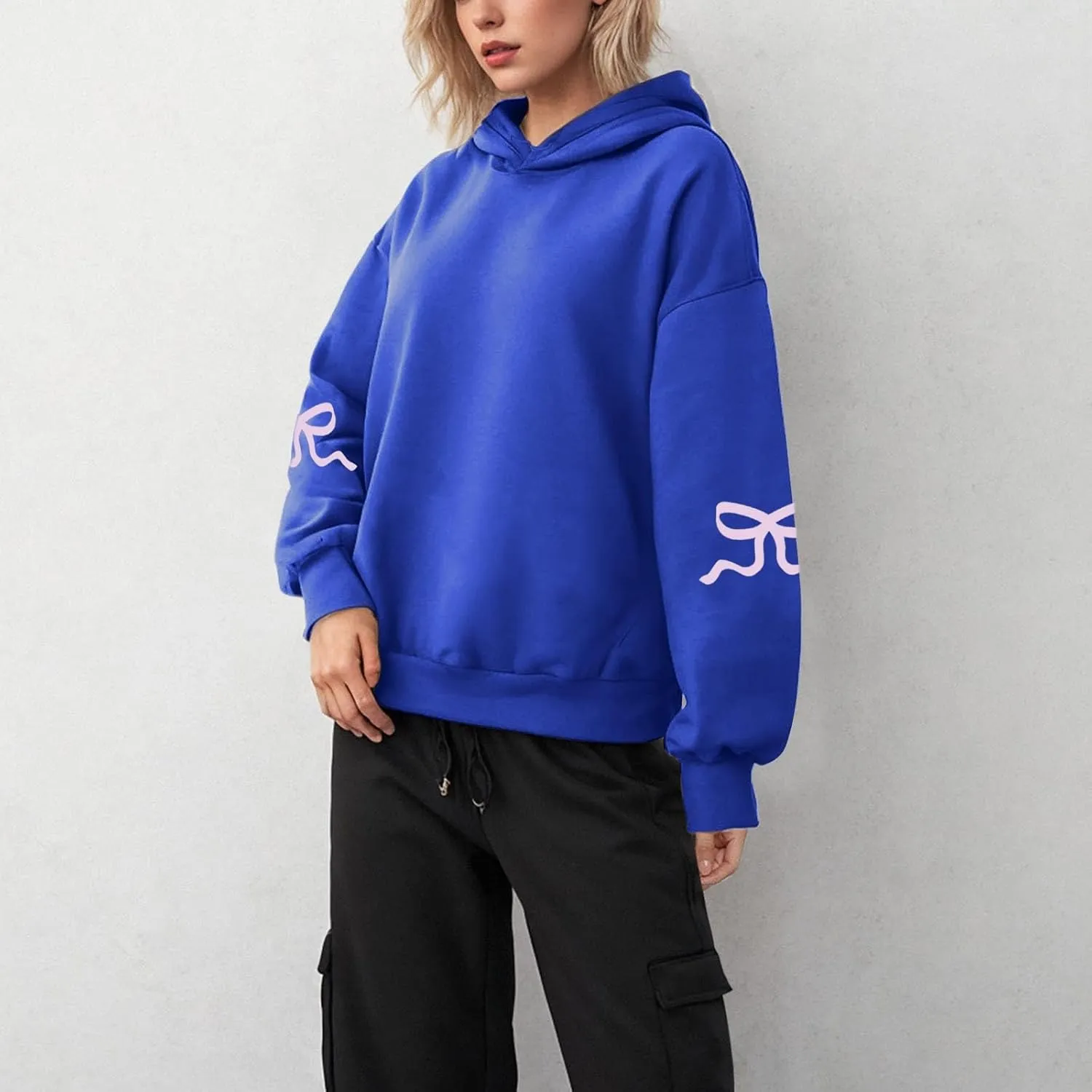 Women Oversized Hoodies Sleeve Edge Bow Printed Sweatshirt Loose Fit Casual Fashion Outfits Workout Pullover with