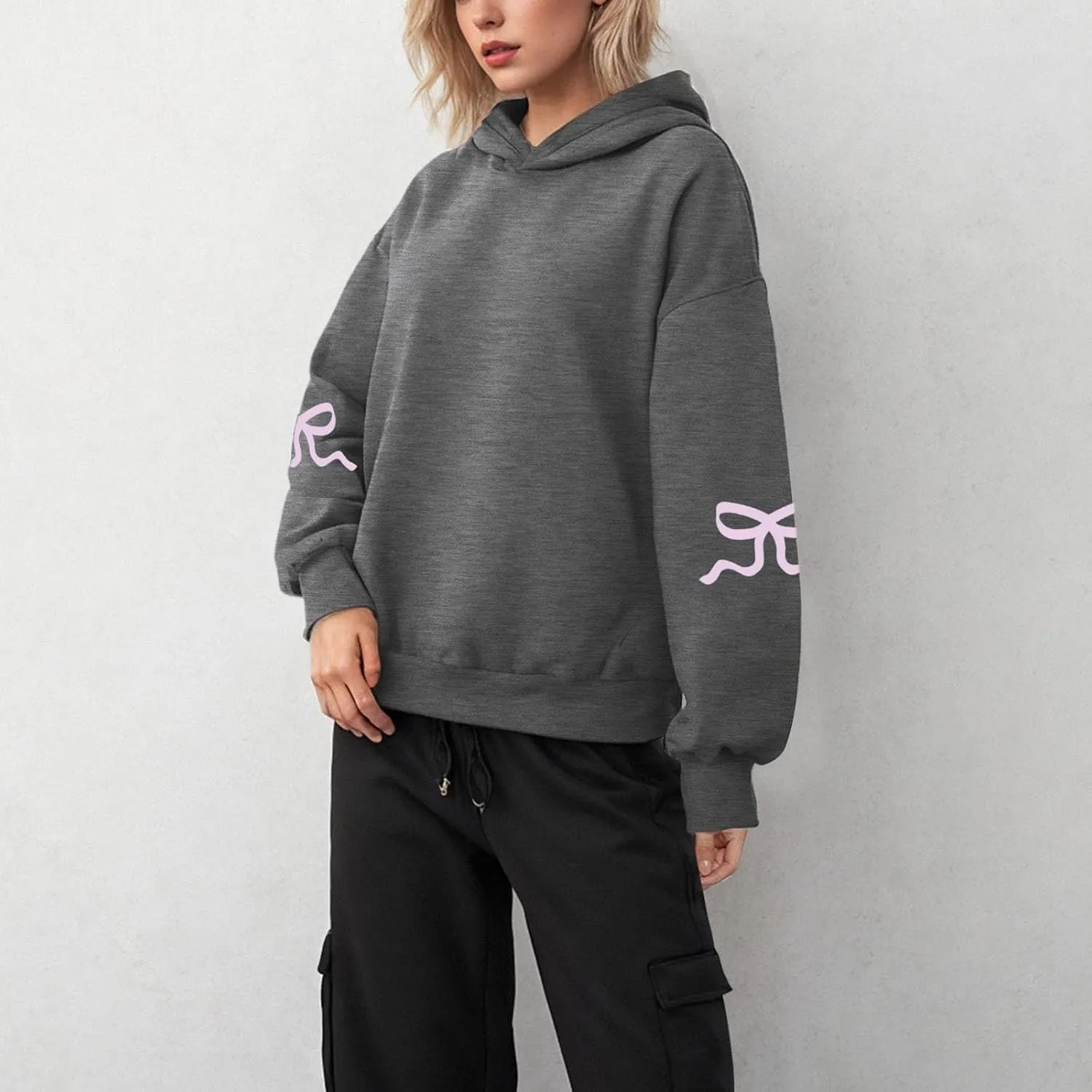 Women Oversized Hoodies Sleeve Edge Bow Printed Sweatshirt Loose Fit Casual Fashion Outfits Workout Pullover with