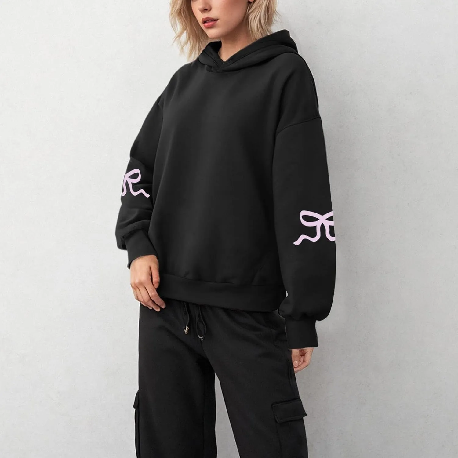 Women Oversized Hoodies Sleeve Edge Bow Printed Sweatshirt Loose Fit Casual Fashion Outfits Workout Pullover with