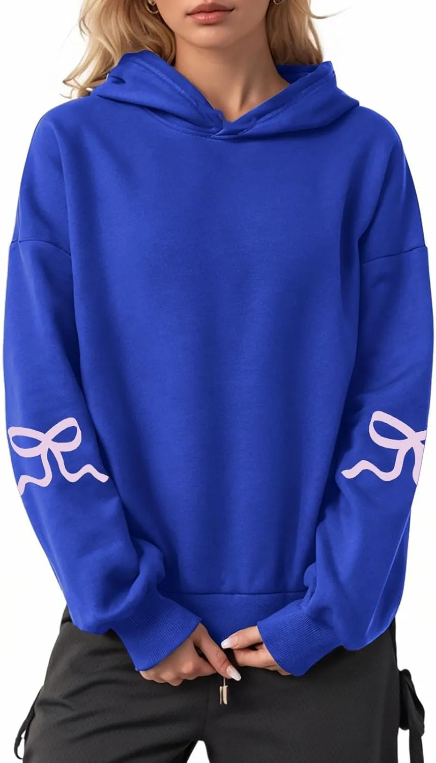 Women Oversized Hoodies Sleeve Edge Bow Printed Sweatshirt Loose Fit Casual Fashion Outfits Workout Pullover with