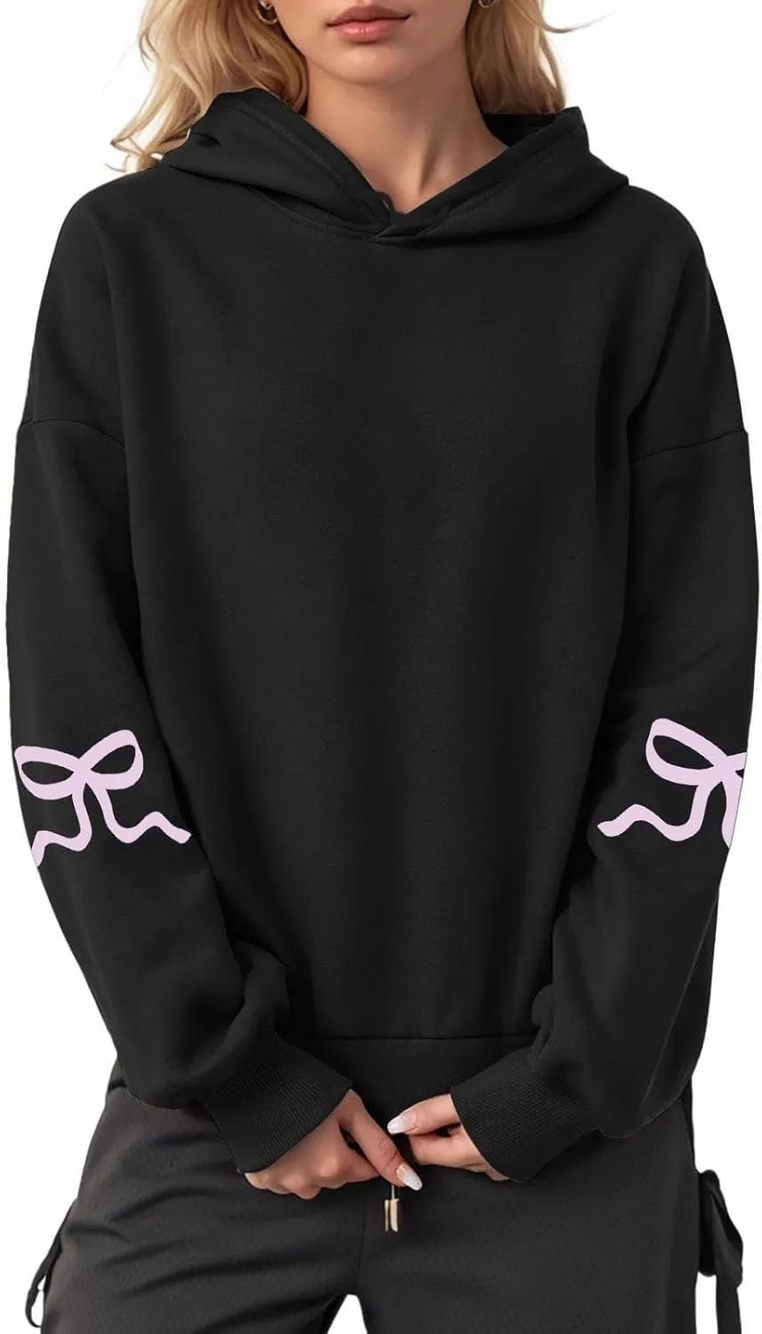 Women Oversized Hoodies Sleeve Edge Bow Printed Sweatshirt Loose Fit Casual Fashion Outfits Workout Pullover with