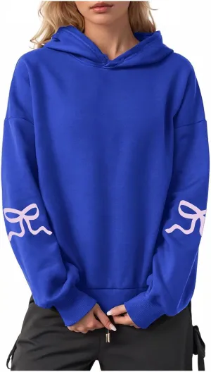 Women Oversized Hoodies Sleeve Edge Bow Printed Sweatshirt Loose Fit Casual Fashion Outfits Workout Pullover with