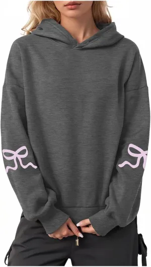 Women Oversized Hoodies Sleeve Edge Bow Printed Sweatshirt Loose Fit Casual Fashion Outfits Workout Pullover with