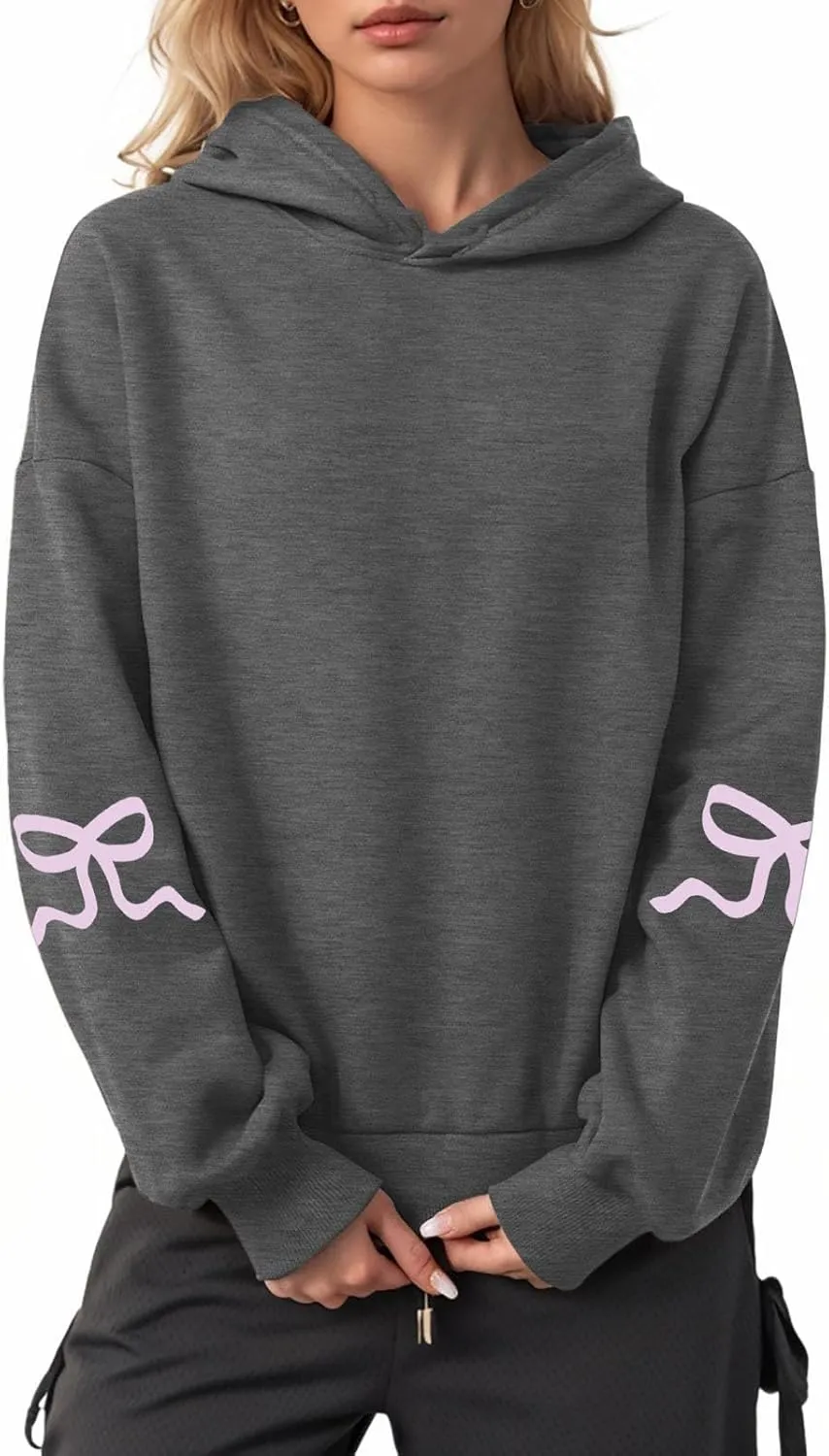 Women Oversized Hoodies Sleeve Edge Bow Printed Sweatshirt Loose Fit Casual Fashion Outfits Workout Pullover with