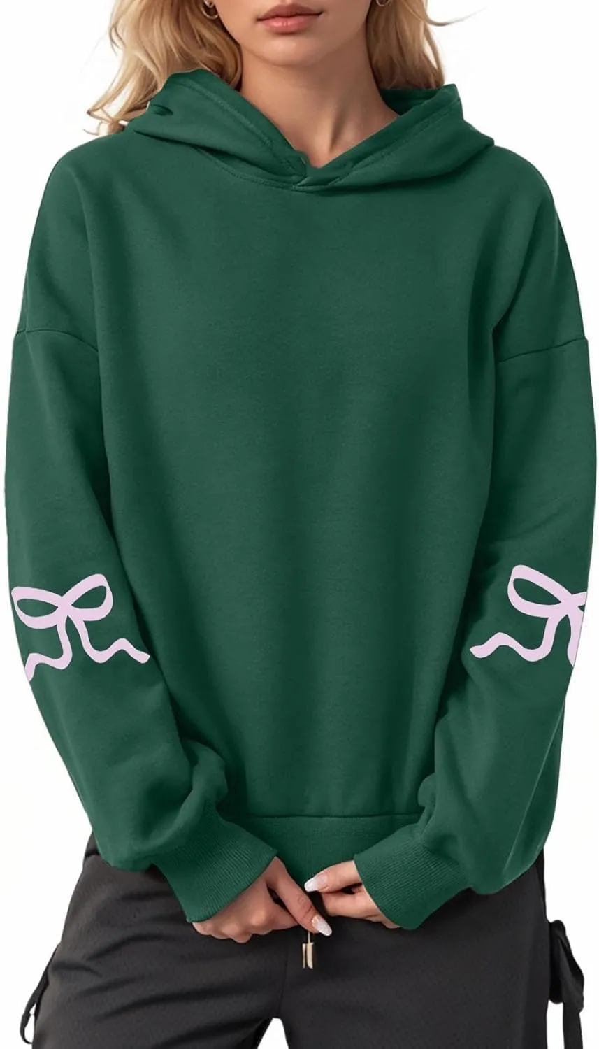 Women Oversized Hoodies Sleeve Edge Bow Printed Sweatshirt Loose Fit Casual Fashion Outfits Workout Pullover with