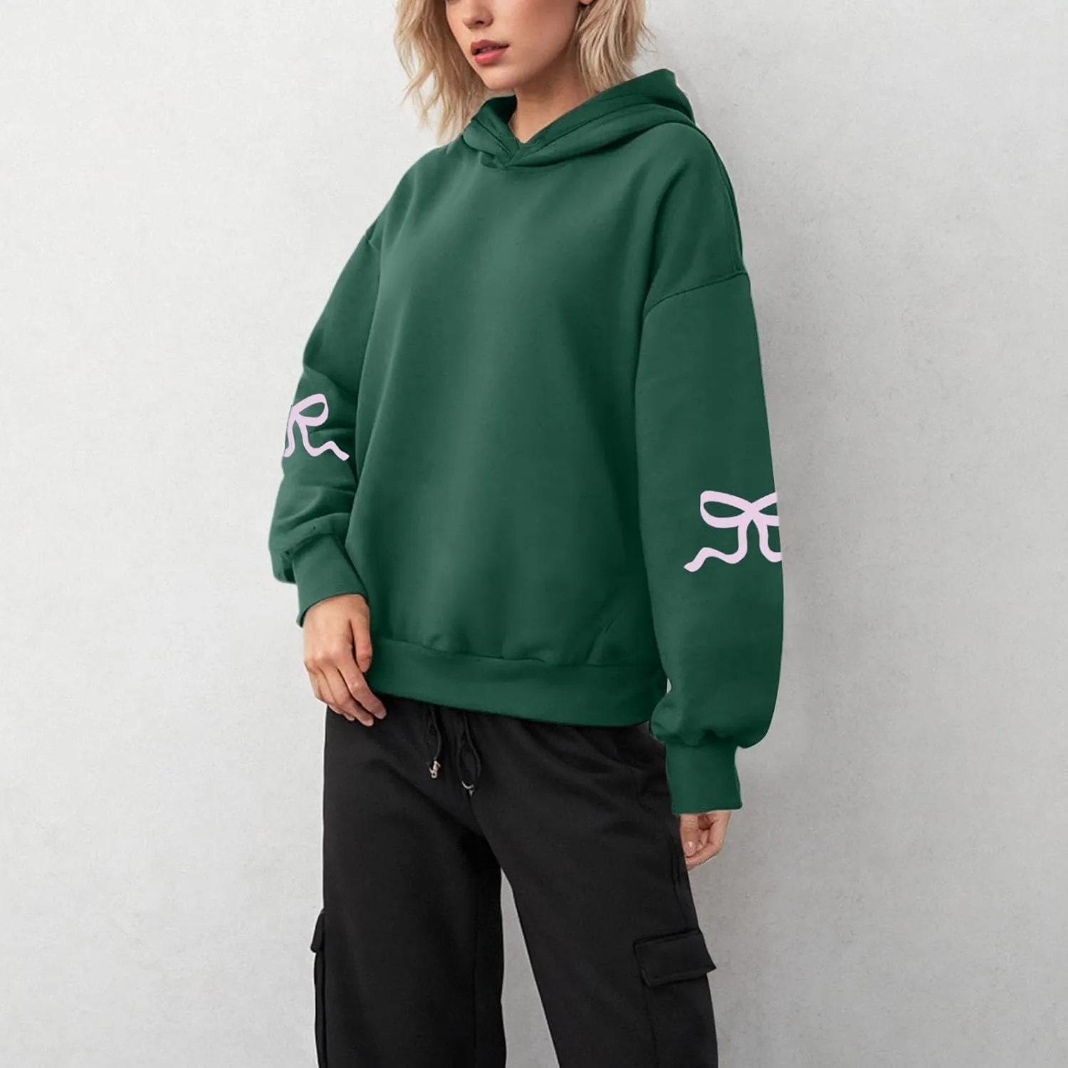 Women Oversized Hoodies Sleeve Edge Bow Printed Sweatshirt Loose Fit Casual Fashion Outfits Workout Pullover with