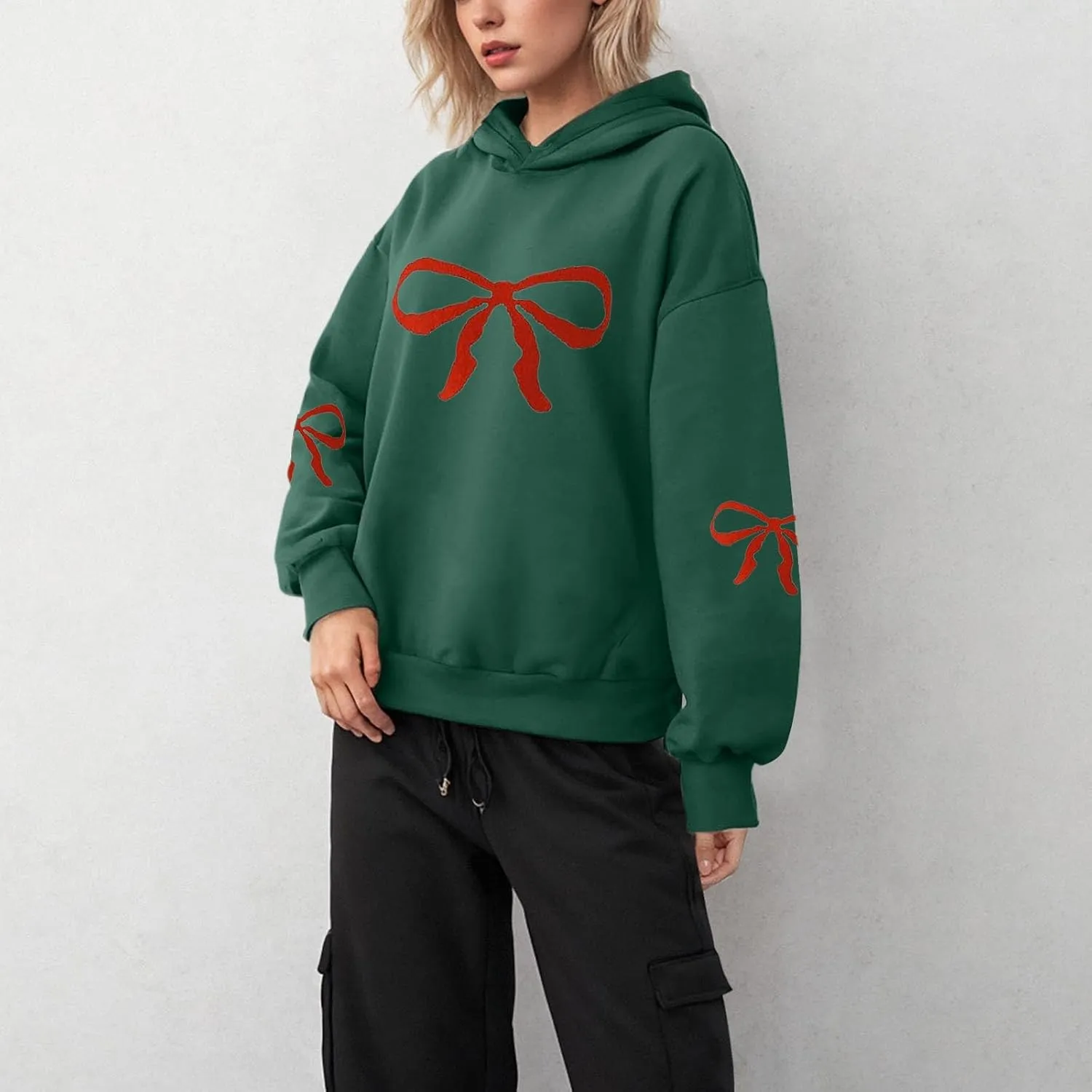 Women Oversized Hoodies Sweatshirt with Red Bow Print on Sleeve Edge Loose Fit Casual Outfits Workout Pullover