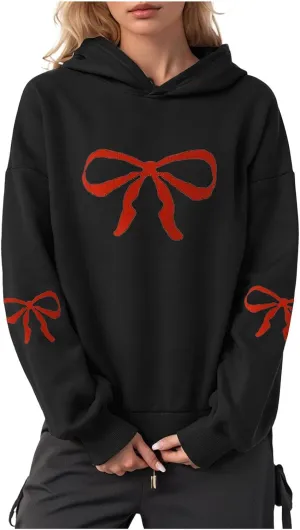 Women Oversized Hoodies Sweatshirt with Red Bow Print on Sleeve Edge Loose Fit Casual Outfits Workout Pullover