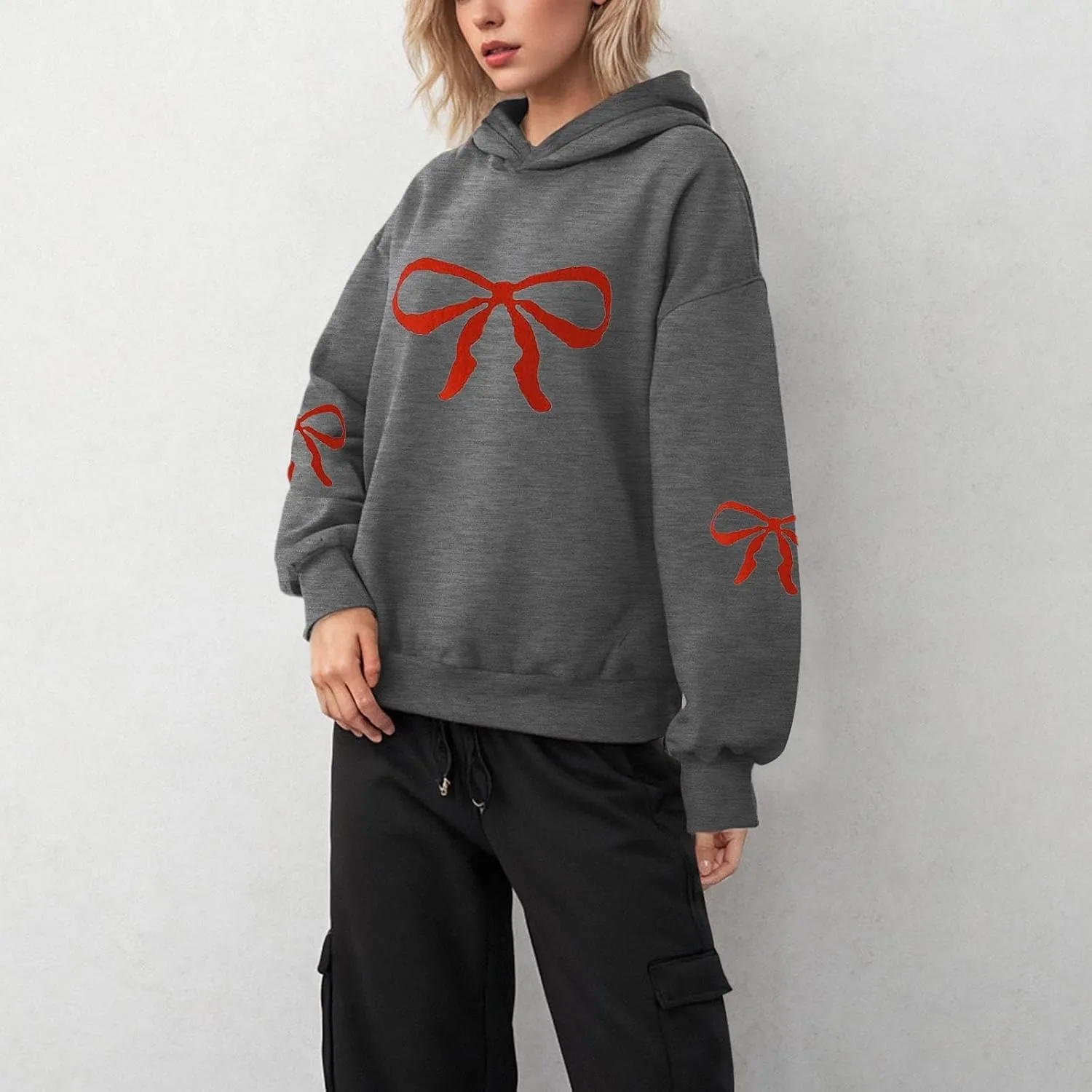 Women Oversized Hoodies Sweatshirt with Red Bow Print on Sleeve Edge Loose Fit Casual Outfits Workout Pullover