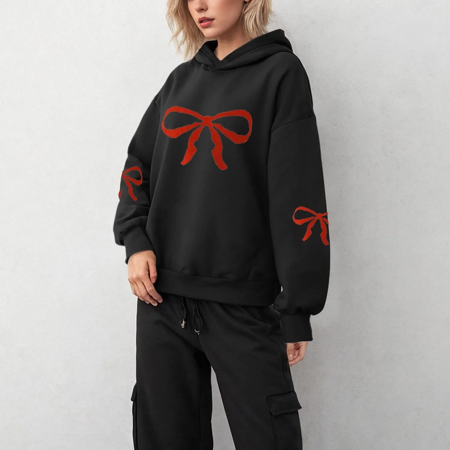Women Oversized Hoodies Sweatshirt with Red Bow Print on Sleeve Edge Loose Fit Casual Outfits Workout Pullover