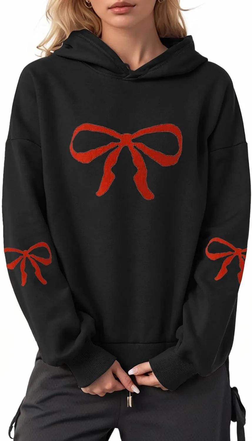Women Oversized Hoodies Sweatshirt with Red Bow Print on Sleeve Edge Loose Fit Casual Outfits Workout Pullover