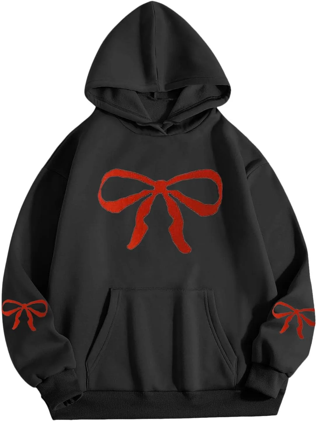 Women Oversized Hoodies Sweatshirt with Red Bow Print on Sleeve Edge Loose Fit Casual Outfits Workout Pullover