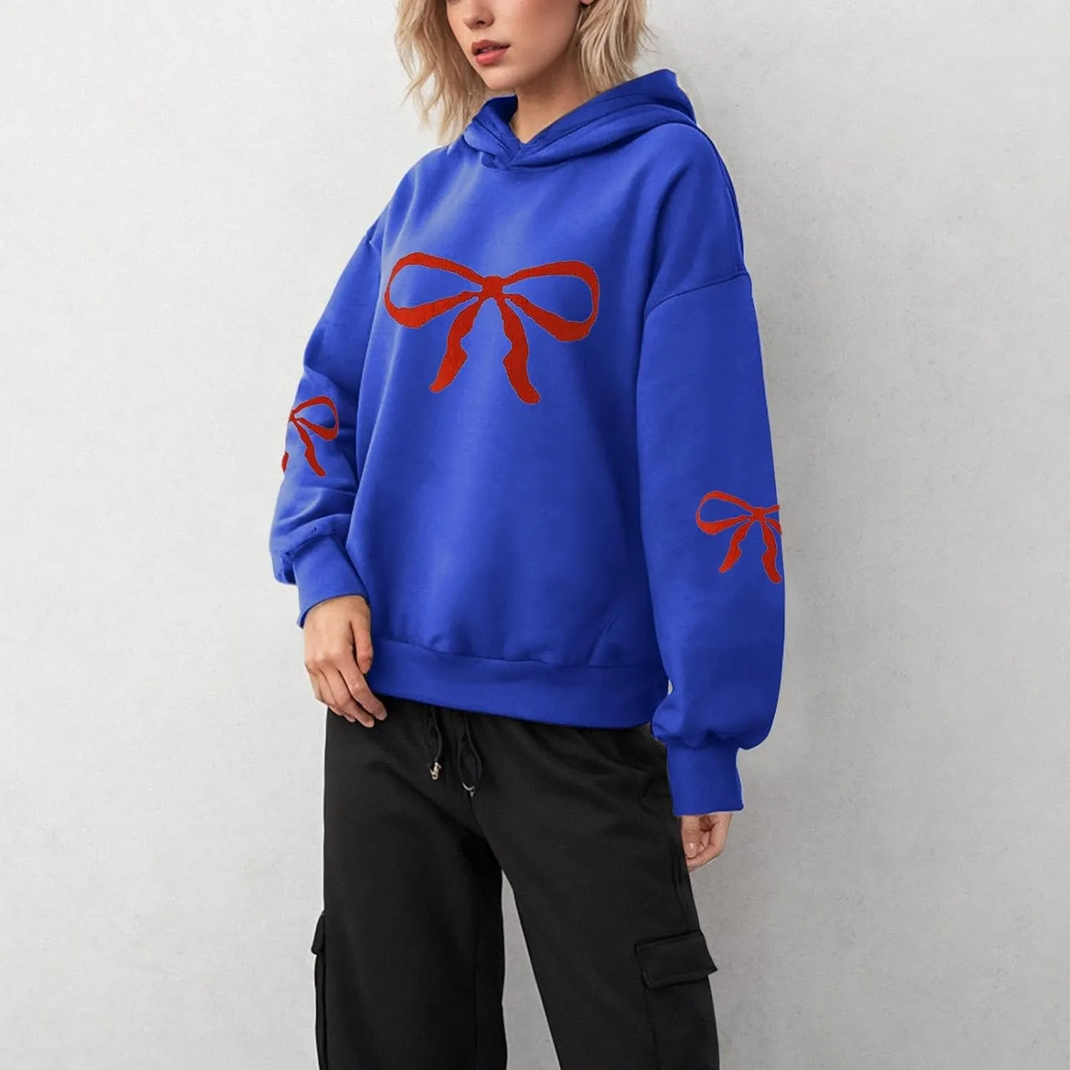Women Oversized Hoodies Sweatshirt with Red Bow Print on Sleeve Edge Loose Fit Casual Outfits Workout Pullover