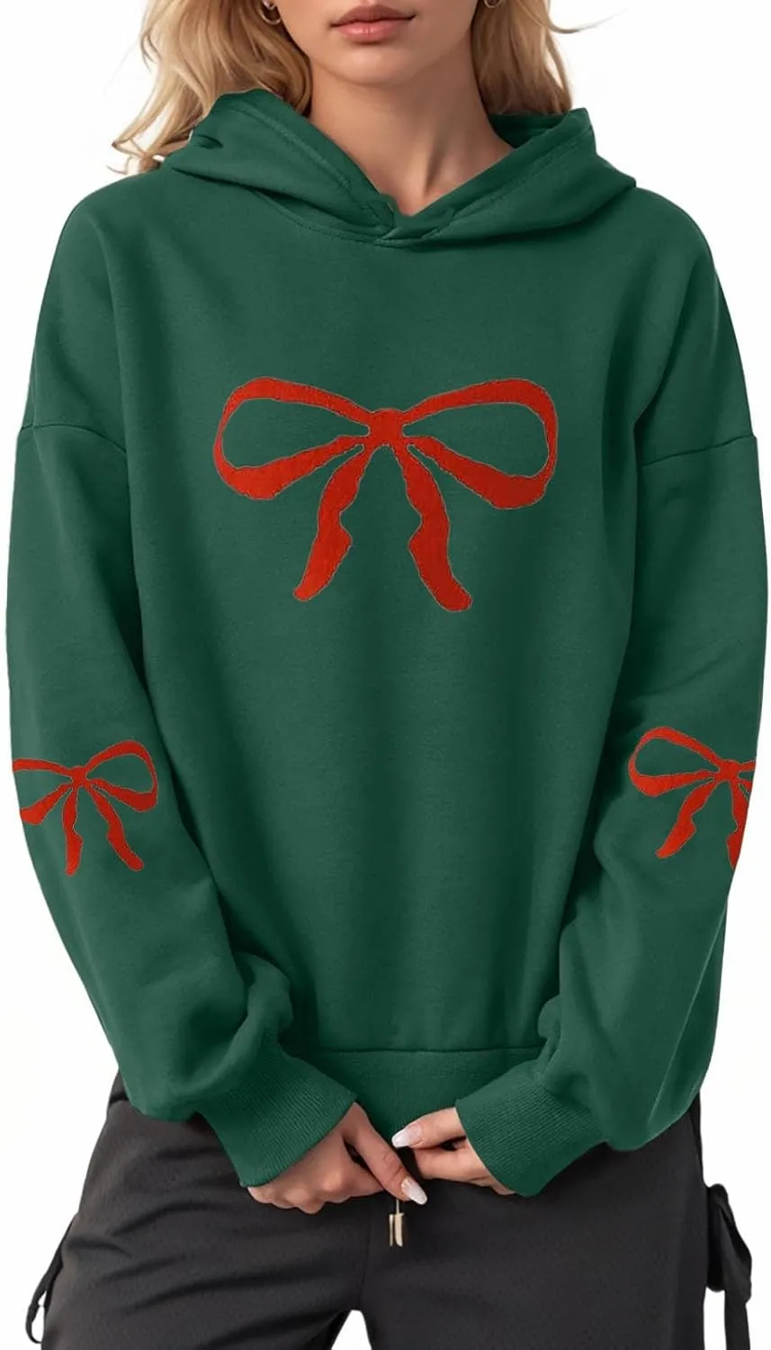 Women Oversized Hoodies Sweatshirt with Red Bow Print on Sleeve Edge Loose Fit Casual Outfits Workout Pullover