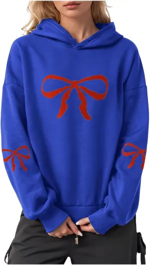 Women Oversized Hoodies Sweatshirt with Red Bow Print on Sleeve Edge Loose Fit Casual Outfits Workout Pullover