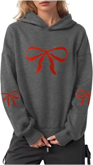 Women Oversized Hoodies Sweatshirt with Red Bow Print on Sleeve Edge Loose Fit Casual Outfits Workout Pullover