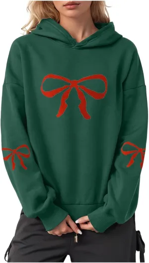 Women Oversized Hoodies Sweatshirt with Red Bow Print on Sleeve Edge Loose Fit Casual Outfits Workout Pullover