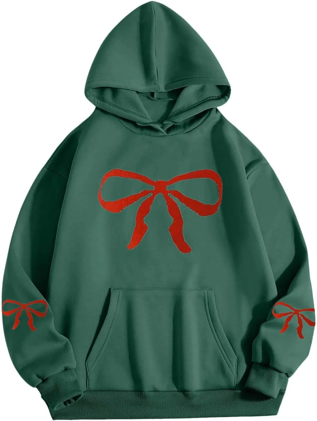 Women Oversized Hoodies Sweatshirt with Red Bow Print on Sleeve Edge Loose Fit Casual Outfits Workout Pullover