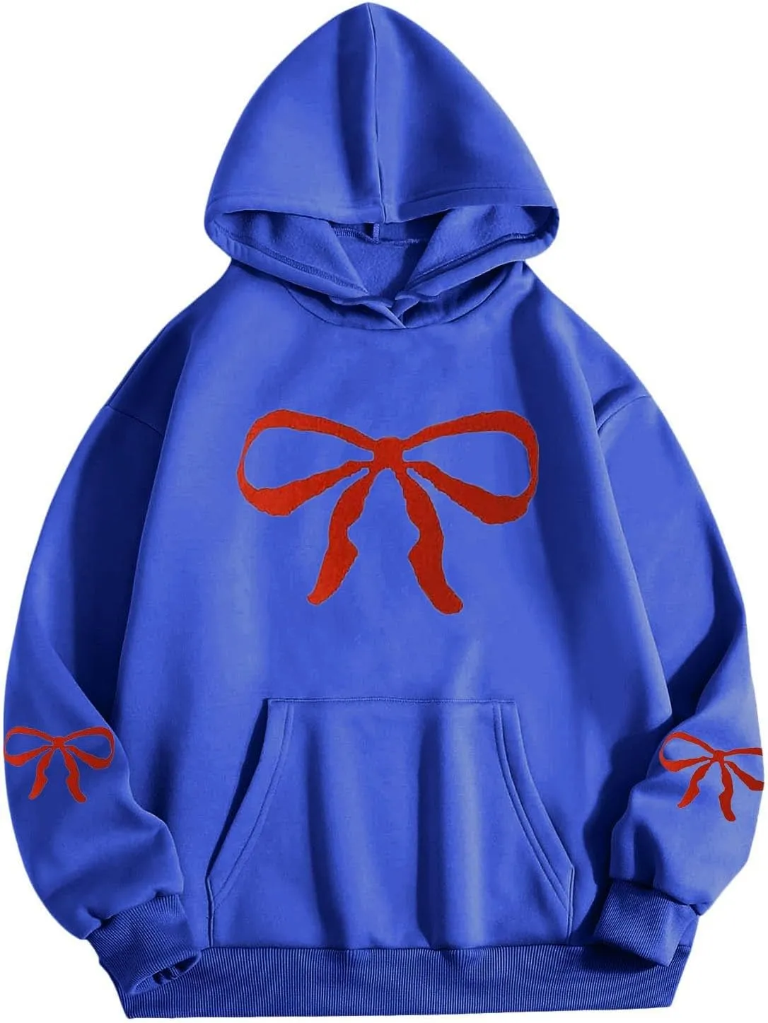 Women Oversized Hoodies Sweatshirt with Red Bow Print on Sleeve Edge Loose Fit Casual Outfits Workout Pullover
