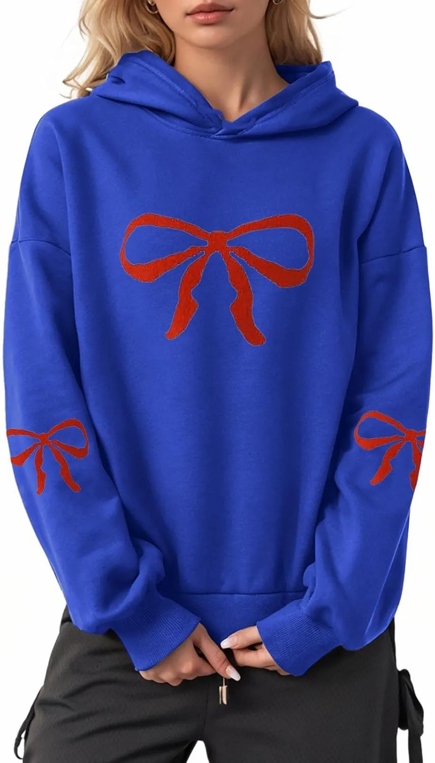 Women Oversized Hoodies Sweatshirt with Red Bow Print on Sleeve Edge Loose Fit Casual Outfits Workout Pullover