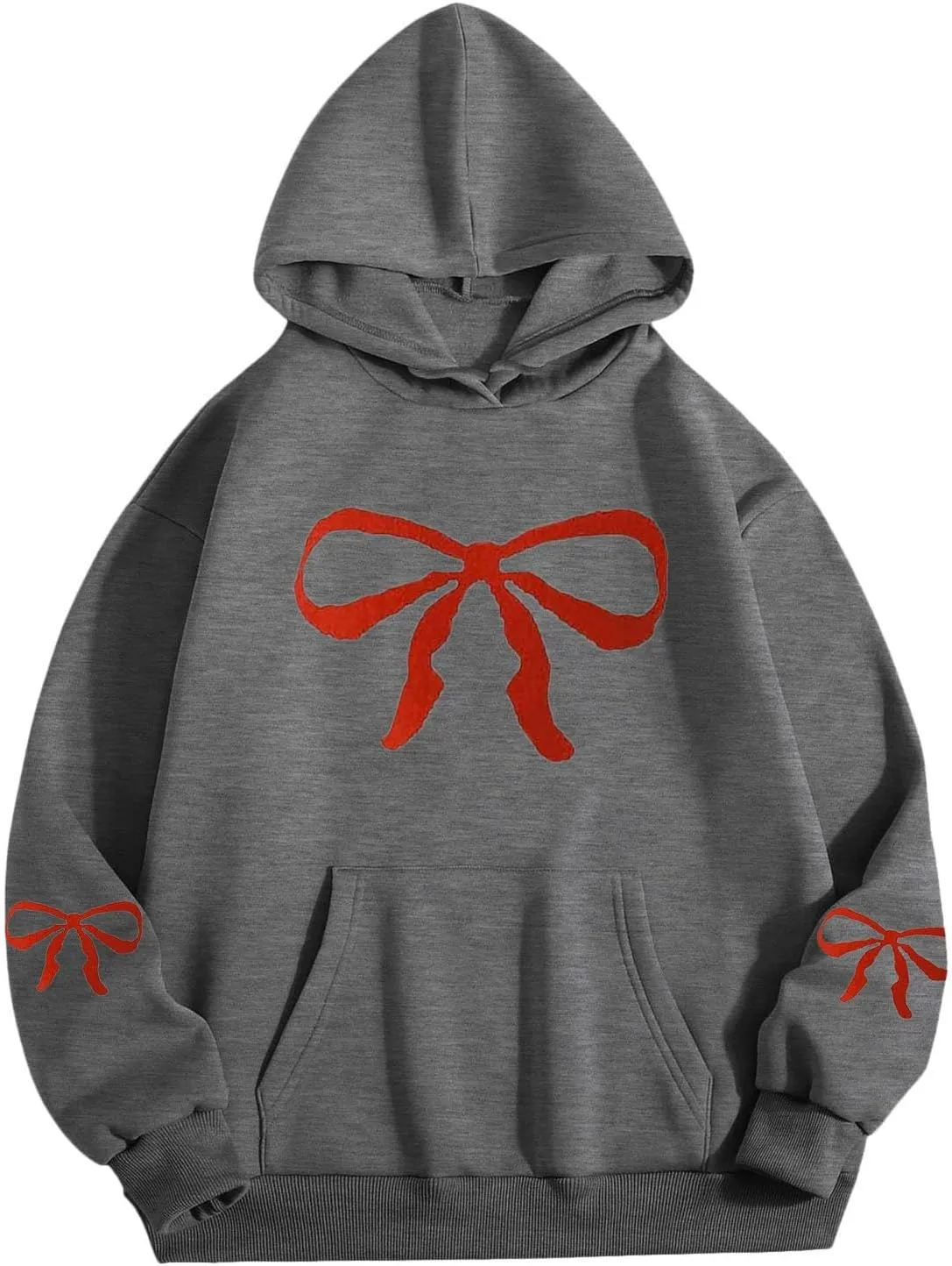 Women Oversized Hoodies Sweatshirt with Red Bow Print on Sleeve Edge Loose Fit Casual Outfits Workout Pullover