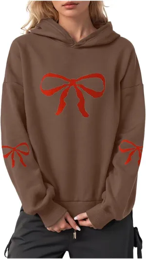 Women Oversized Hoodies Sweatshirt with Red Bow Print on Sleeve Edge Loose Fit Casual Outfits Workout Pullover