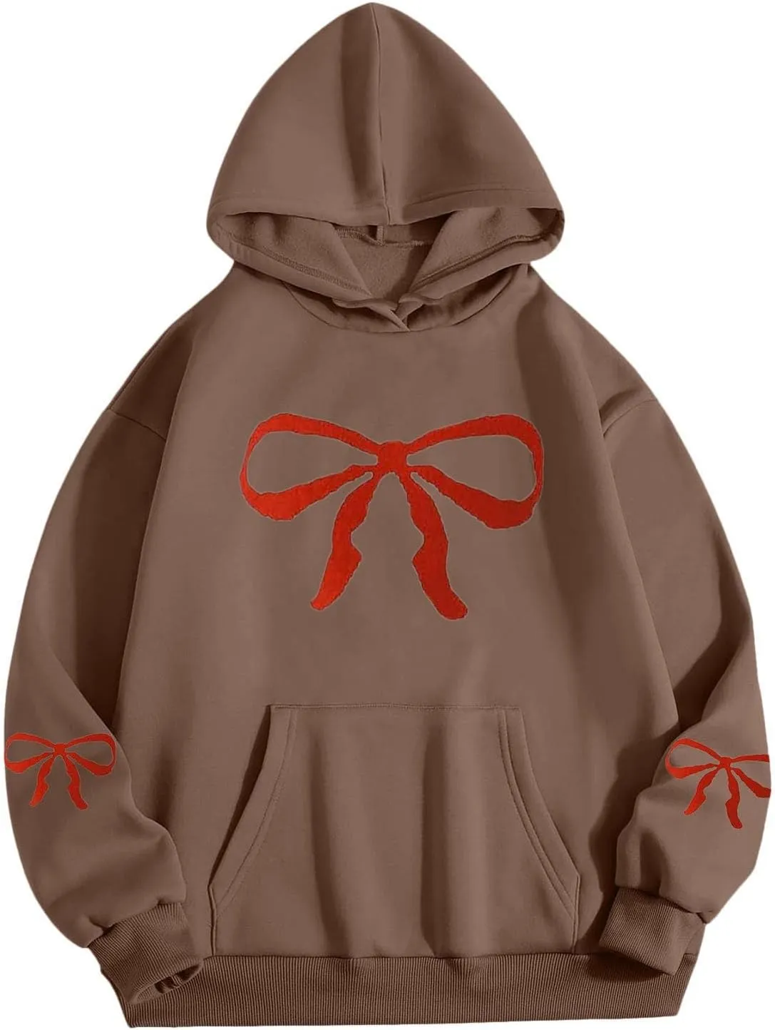 Women Oversized Hoodies Sweatshirt with Red Bow Print on Sleeve Edge Loose Fit Casual Outfits Workout Pullover