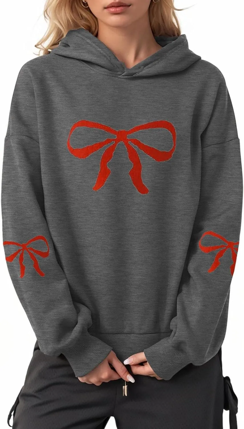 Women Oversized Hoodies Sweatshirt with Red Bow Print on Sleeve Edge Loose Fit Casual Outfits Workout Pullover