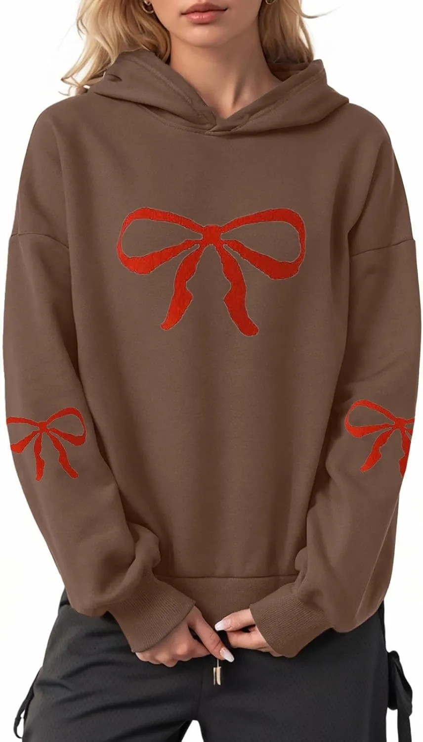 Women Oversized Hoodies Sweatshirt with Red Bow Print on Sleeve Edge Loose Fit Casual Outfits Workout Pullover