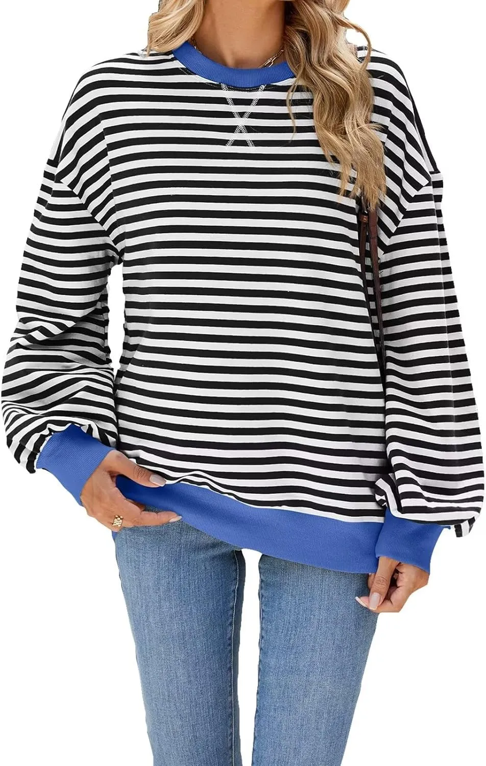 Women Oversized Striped Sweatshirt Color Block Long Sleeve Pullover Tops Preppy Clothes