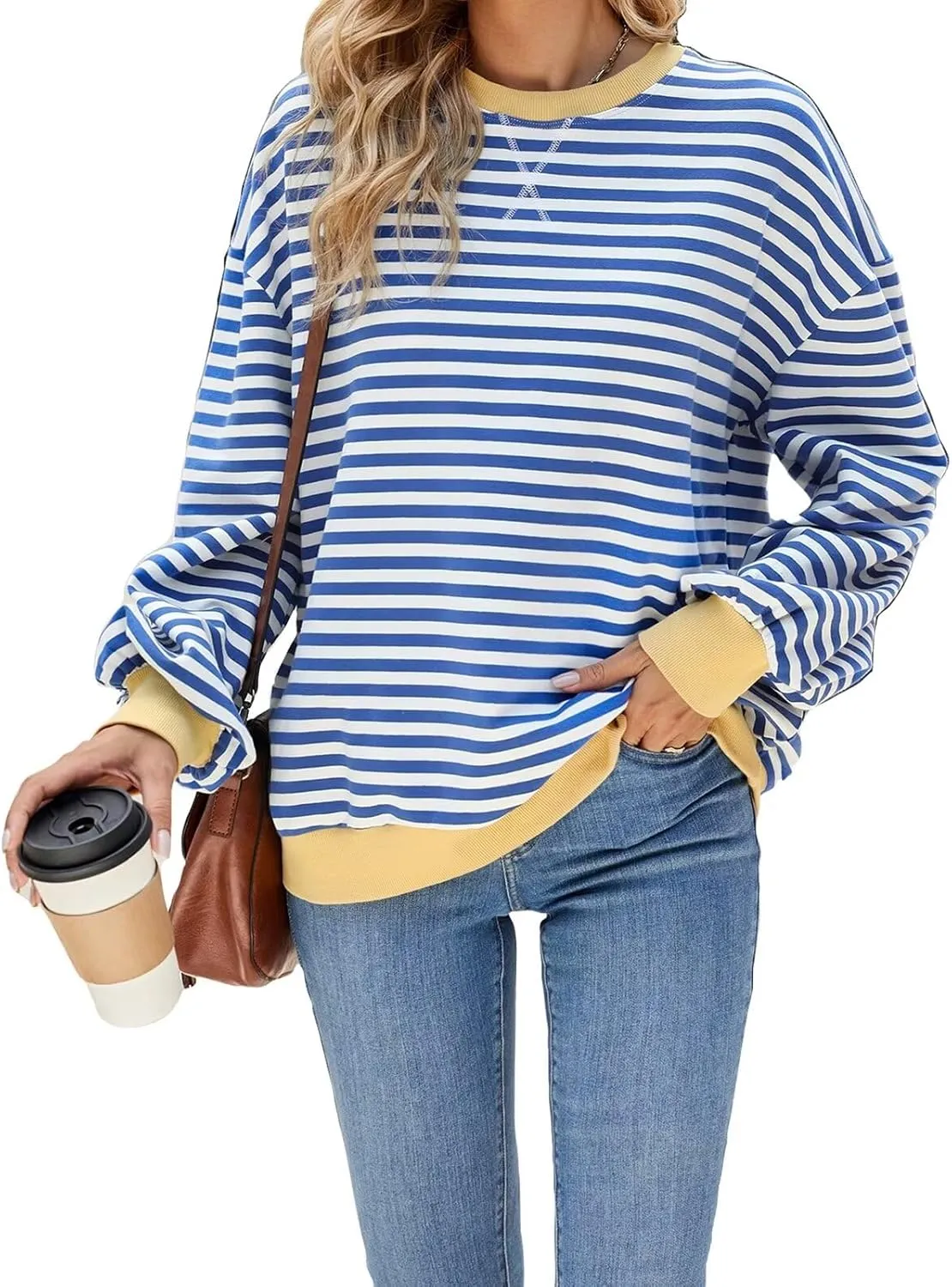 Women Oversized Striped Sweatshirt Color Block Long Sleeve Pullover Tops Preppy Clothes