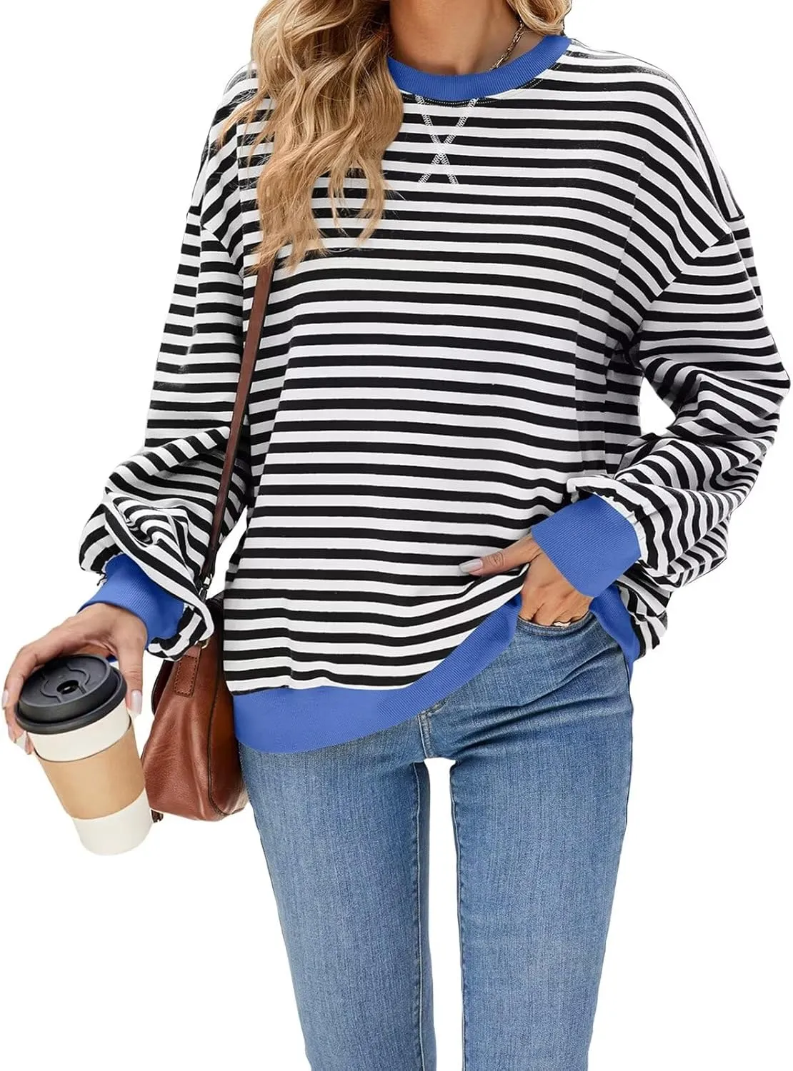 Women Oversized Striped Sweatshirt Color Block Long Sleeve Pullover Tops Preppy Clothes