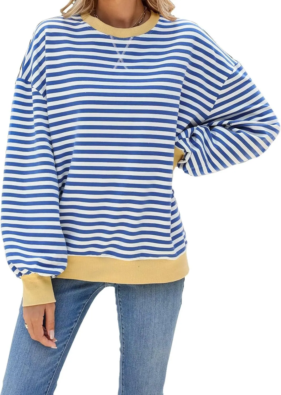Women Oversized Striped Sweatshirt Color Block Long Sleeve Pullover Tops Preppy Clothes