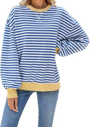 Women Oversized Striped Sweatshirt Color Block Long Sleeve Pullover Tops Preppy Clothes