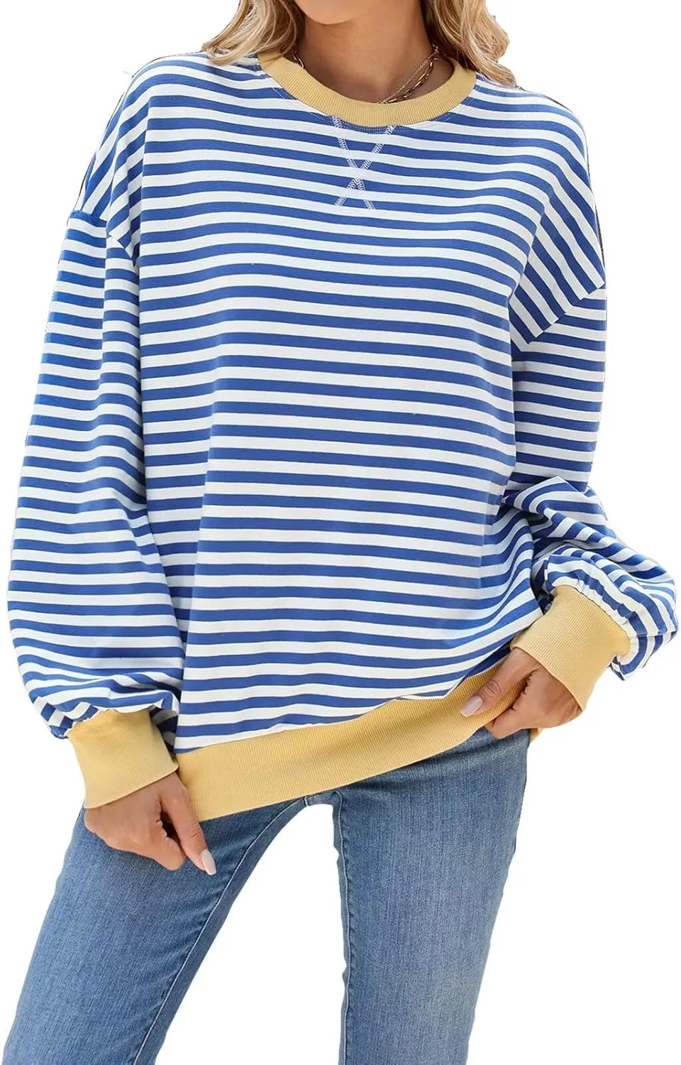 Women Oversized Striped Sweatshirt Color Block Long Sleeve Pullover Tops Preppy Clothes