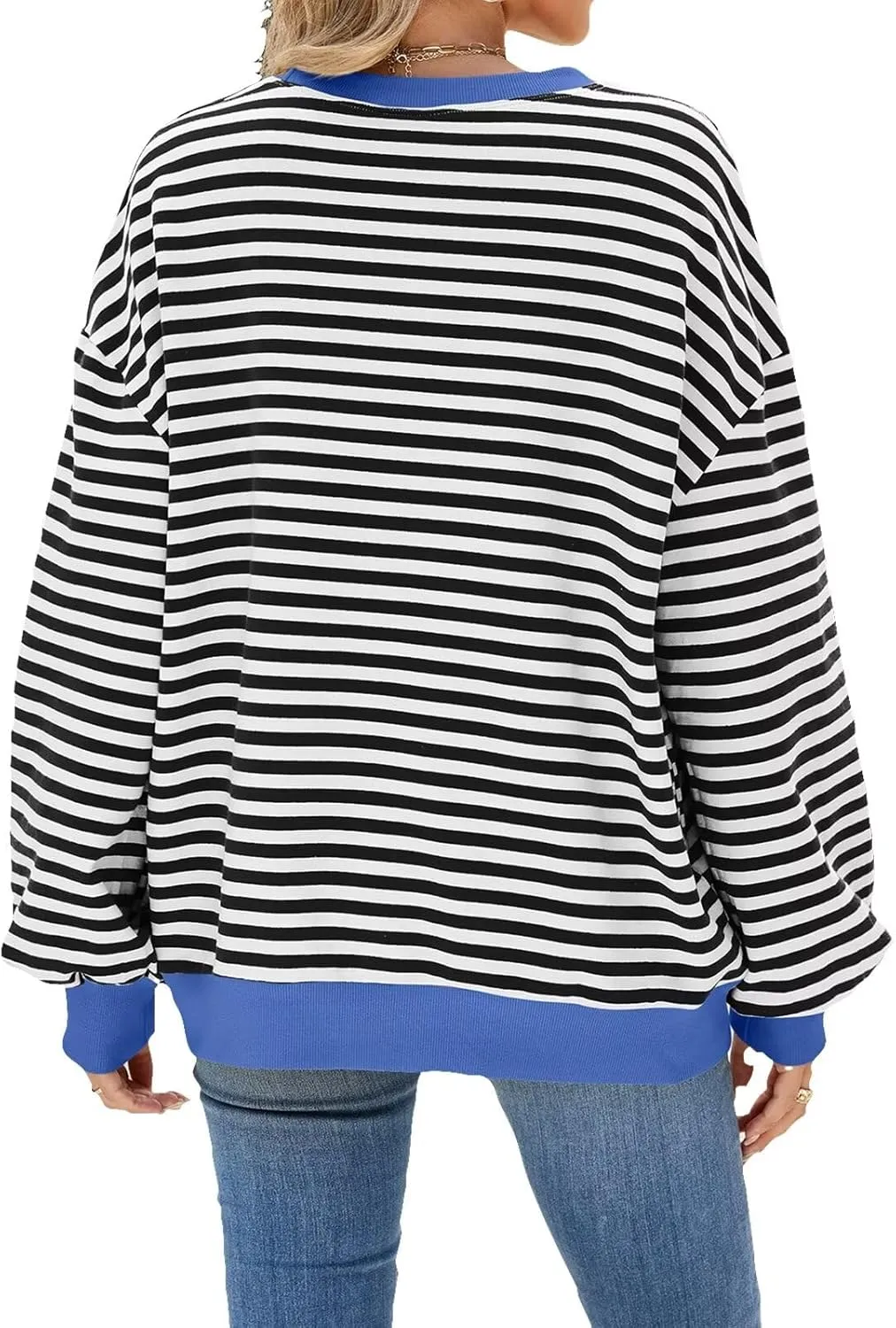 Women Oversized Striped Sweatshirt Color Block Long Sleeve Pullover Tops Preppy Clothes