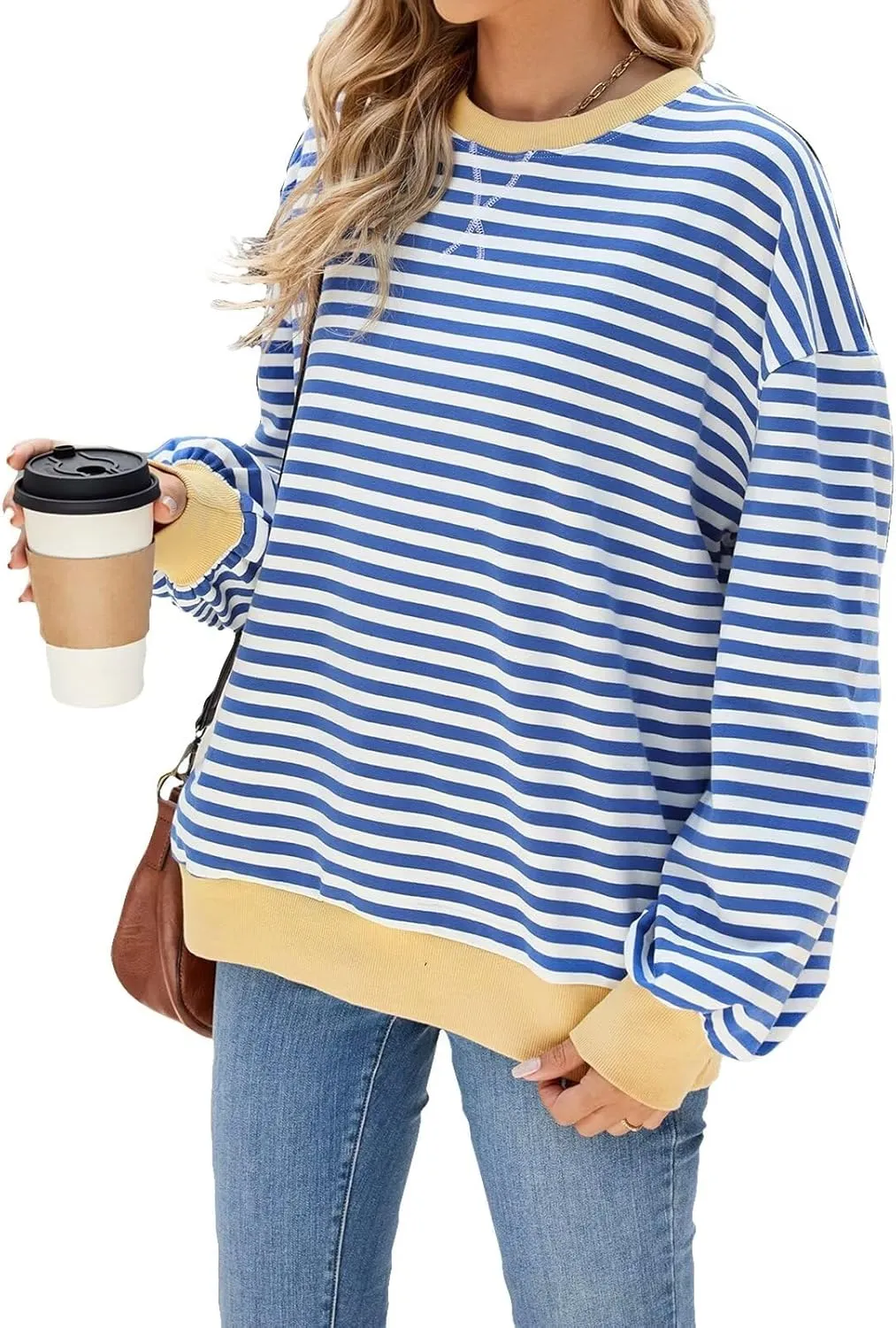 Women Oversized Striped Sweatshirt Color Block Long Sleeve Pullover Tops Preppy Clothes